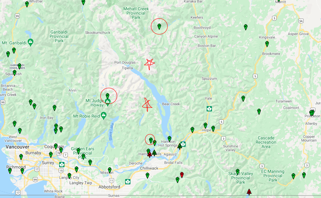 Map of active stations near Harrison Lake